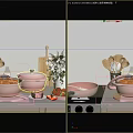 Pink Cookware Collection With Lidded Pots Wooden Utensils And Baking Pastry Bread