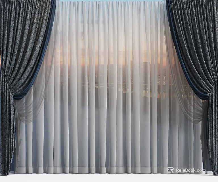 Elegant Dark Curtains With White Sheer Panels For Window View And Light Filtering 3d model 