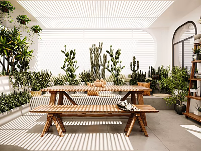 Modern Home Balcony Design With Lush Green Plants Wooden Table And Natural Light 3d model