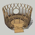 Rustic Wooden Landscape Pavilion With Crossed Frames Circular Opening And Steps