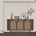 Modern Entryway Sideboard Cabinet With Woven Doors Metal Legs Table Lamp Photo Frame And Plant