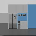 Modern Kitchen Interior With White Cabinets Blue Wall Refrigerator And Appliances