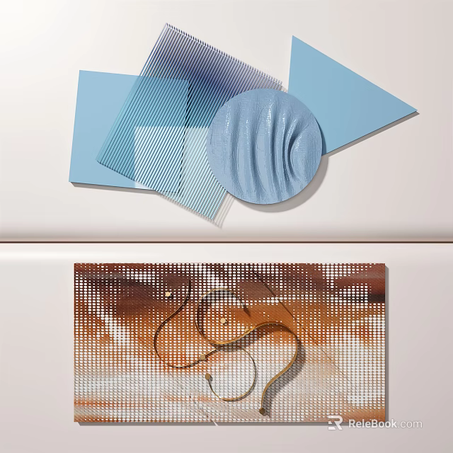 Modern Wall Decor With Blue Geometric Shapes Wavy Texture And Grid Patterned Art 3d model 