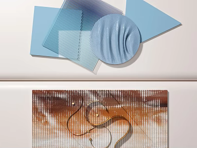 Modern Wall Decor With Blue Geometric Shapes Wavy Texture And Grid Patterned Art 3d model