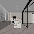 Modern Kitchen Interior Design With Marble Island Counter Light Gray Cabinets And Large Windows 3d model