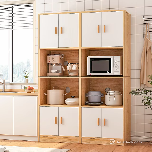 Modern Kitchen Sideboard With White Wooden Open Shelves Microwave Coffee Maker And Pots 3d model 