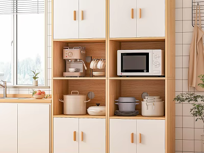 Modern Kitchen Sideboard With White Wooden Open Shelves Microwave Coffee Maker And Pots 3d model