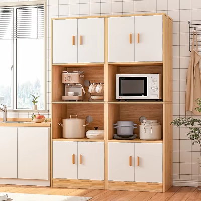 Modern Kitchen Sideboard With White Wooden Open Shelves Microwave Coffee Maker And Pots 3d model