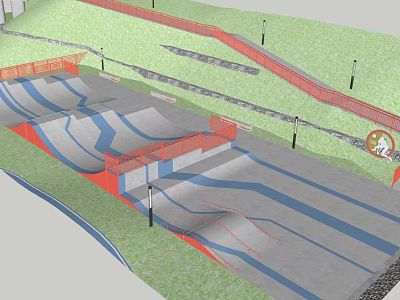 Outdoor Skate Park With Multiple Skate Ramps Red Fencing And Green Lawn Design 3d model