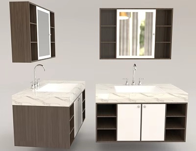 Modern Bathroom Washbasin Vanity With Marble Countertop Wooden Cabinet And Mirror Shelves 3d model
