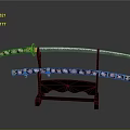 Traditional Ornate Japanese Sword With Colorful Floral Scabbard On Wooden Stand