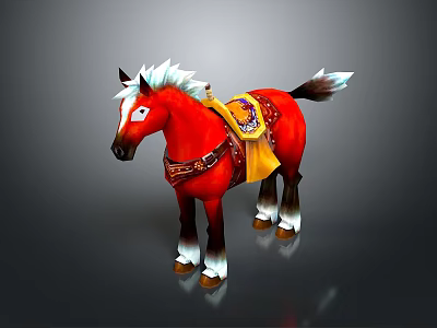 Red Horse With White Mane Tail Yellow Saddle Brown Bridle And White Hooves 3d model