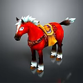 Red Horse With White Mane Tail Yellow Saddle Brown Bridle And White Hooves
