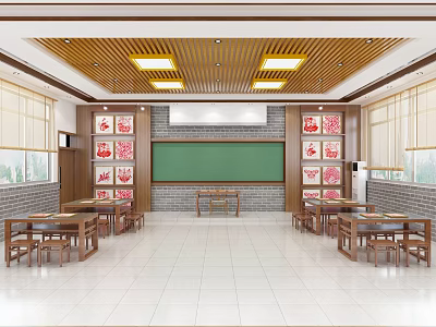 School Classroom Featuring Wooden Ceiling Green Blackboard Desks Chairs And Decorative Paintings 3d model