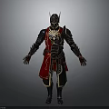 Fantasy Warrior Armor Design With Red Cape Golden Ornaments And Detailed Helmet