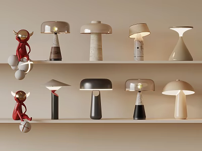 Stylish Modern Decorative Lamps With Red Monkey Figurines On Shelf 3d model