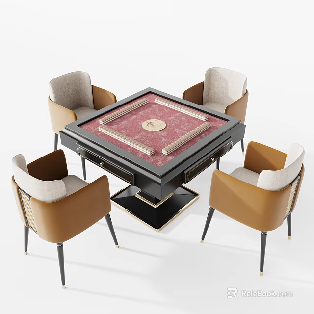 Mahjong Entertainment Table with Four Beige and Brown Chairs and Game Pieces 3d model 