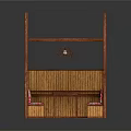 Public Chair With Bamboo Frame Pink Patterned Seats Small Table And Hanging Lamp Shade