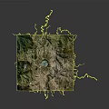 3D Landscape Terrain Model Featuring Mountain Ranges Green Vegetation Blue Lake and Natural Topography