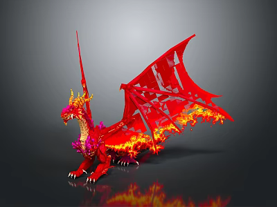 Detailed Red Winged Dragon Fantasy Character With Flame Decorated Mythical Design 3d model