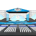 Stage Setup With Blue Backdrop Chinese Characters Lighting Effects And White Seats 3d model