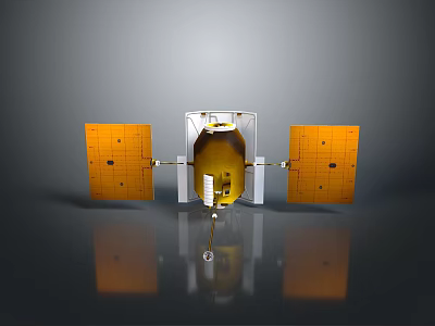 Spacecraft Model With Golden Main Body And Orange Solar Panels Structure 3d model