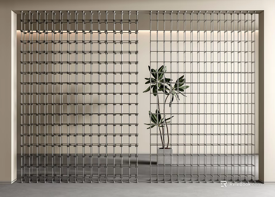 Modern Metal Grid Partition Design in Interior Space with Potted Plant 3d model 