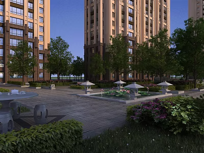 Residential Landscape With High Rise Buildings Trees Plaza Tables Chairs Fountains And Flower Beds 3d model