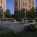 Residential Landscape With High Rise Buildings Trees Plaza Tables Chairs Fountains And Flower Beds