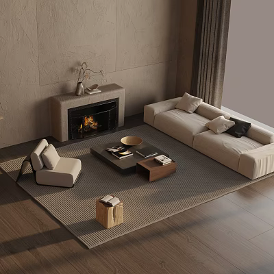 Modern Beige Sofa and Coffee Table Set with Pillows Armchair and Fireplace 3d model
