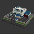 Blue And White Police Station Building With Helicopter On Roof Police Car And Parking Area