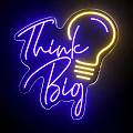 Think Big Neon Sign Design With Light Bulb Illustration On Black Background