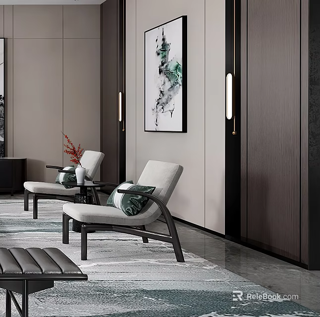 Modern Accent Chair Interior With Light Gray Upholstery Green Cushions Black Legs And Wall Art 3d model 