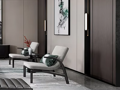 Modern Accent Chair Interior With Light Gray Upholstery Green Cushions Black Legs And Wall Art 3d model