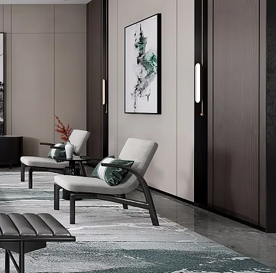 Modern Accent Chair Interior With Light Gray Upholstery Green Cushions Black Legs And Wall Art 3d model