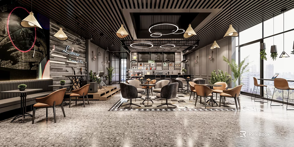 Modern Cafe Interior Design With Round Tables Hanging Pendant Lights And Green Plants 3d model 