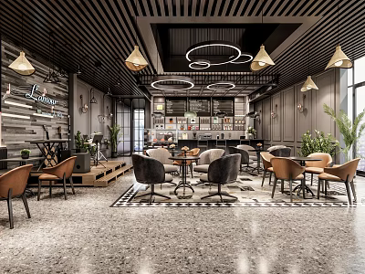 Modern Cafe Interior Design With Round Tables Hanging Pendant Lights And Green Plants 3d model