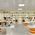 Mall Wig Shop Interior with Mannequin Heads Shelves White Counters Orange Sign Bright Display Chairs
