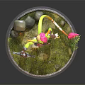 Green Skinned Pink Haired Pointed Ears Fantasy Character Standing Holding Sword With Tail on Grass Stone Base