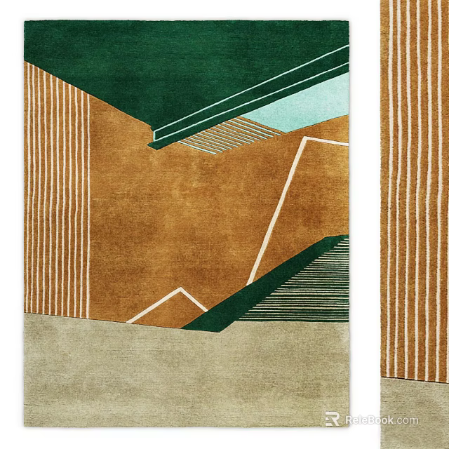 Modern Square Rug Featuring Abstract Geometric Patterns Green Brown Beige Tones And Striped Lines 3d model 