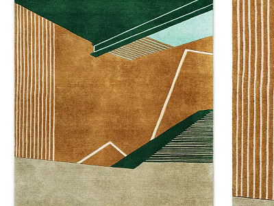 Modern Square Rug Featuring Abstract Geometric Patterns Green Brown Beige Tones And Striped Lines 3d model