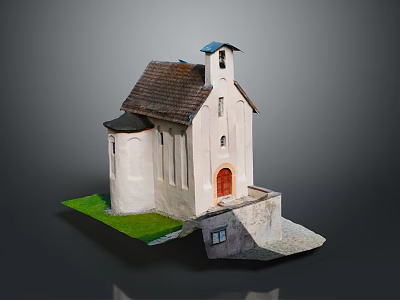 Village Church Model Featuring White Walls Brown Roof Bell Tower Red Door And Green Grass 3d model