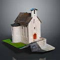 Village Church Model Featuring White Walls Brown Roof Bell Tower Red Door And Green Grass