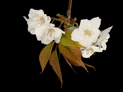 Edible White Cherry Blossoms with Green and Brown Leaves as Natural Food Ingredient 3d model