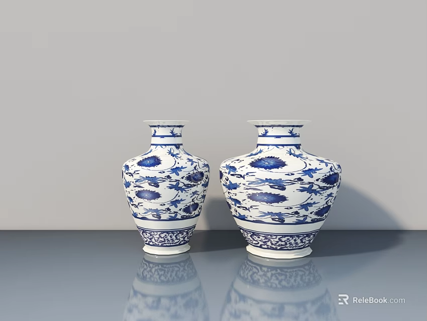 Blue and White Ceramic Vases With Fish Patterns On Sleek Surface And Gray Wall Background 3d model 
