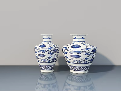 Blue and White Ceramic Vases With Fish Patterns On Sleek Surface And Gray Wall Background 3d model
