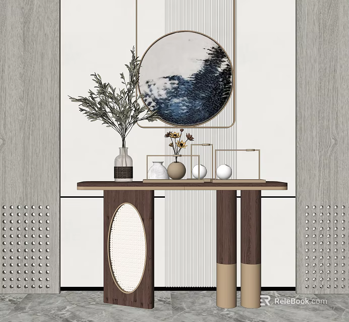 Elegant Console Table With Round Painting Vase Greenery And Decorative Items 3d model