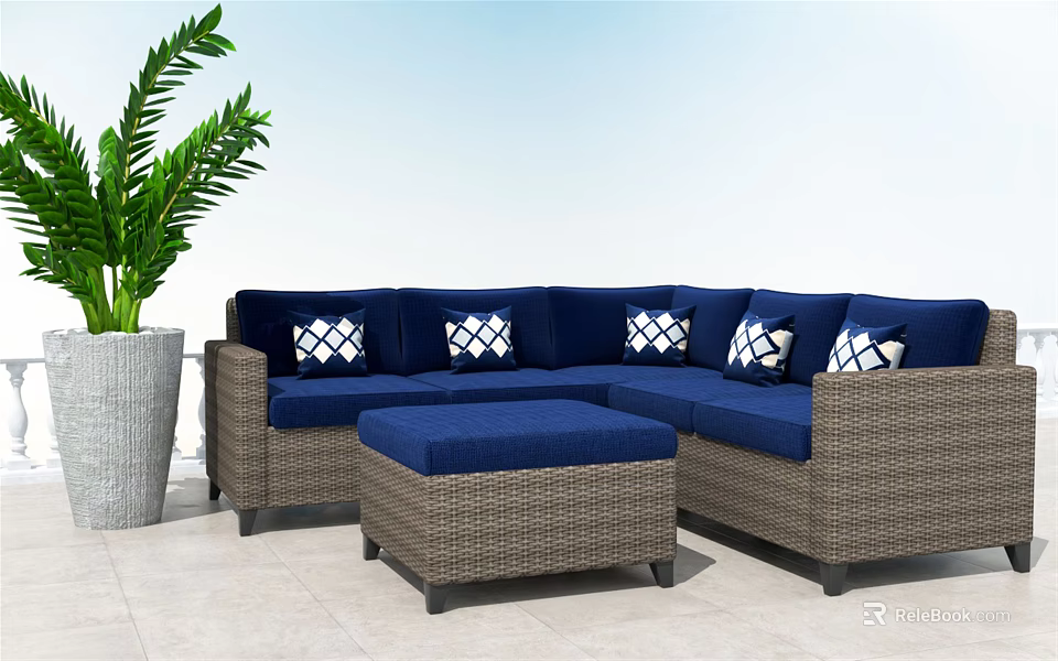 Outdoor Wicker Sofa With Blue Cushions White Patterned Pillows And Potted Green Plant 3d model 