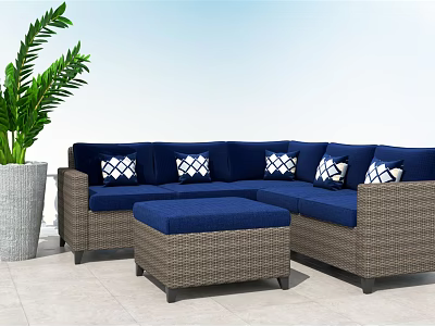 Outdoor Wicker Sofa With Blue Cushions White Patterned Pillows And Potted Green Plant 3d model