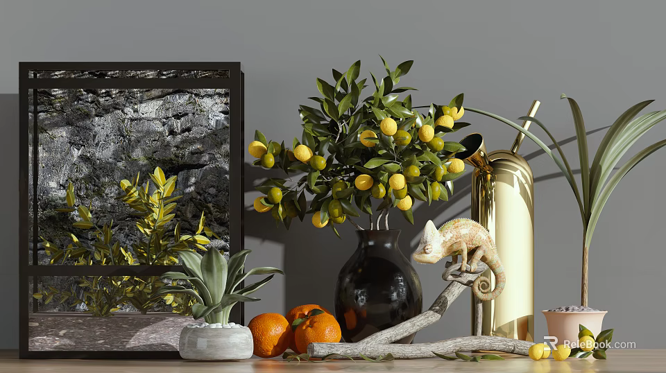 Decorative Ornament Combination with Black Vase Lemon Plant Framed Art Oranges and Chameleon Figurine 3d model 